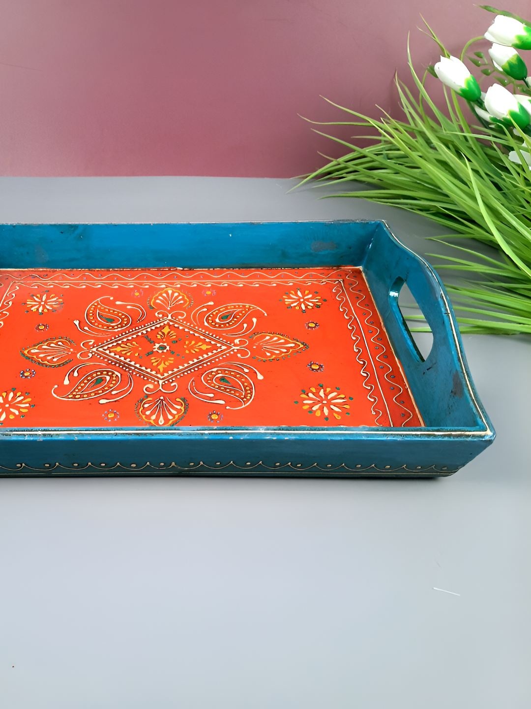 

apka mart Blue & Orange-Coloured Printed Wooden Serving Tray