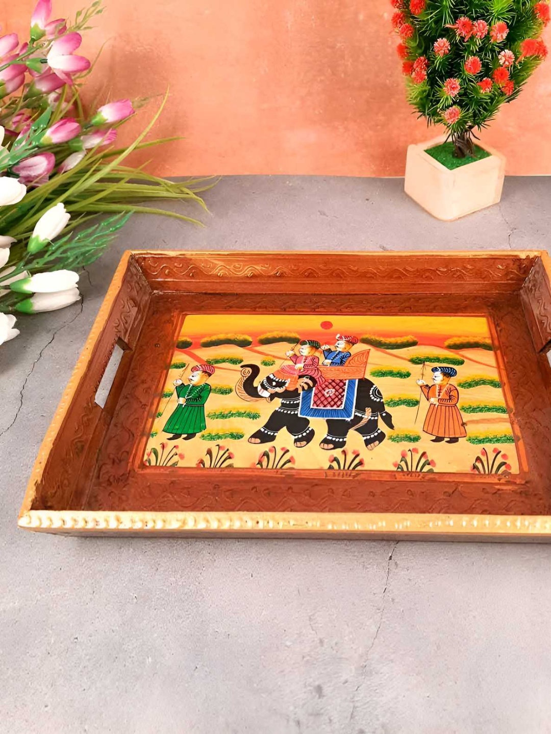 

apka mart Brown & Yellow Printed Wooden Serving Tray
