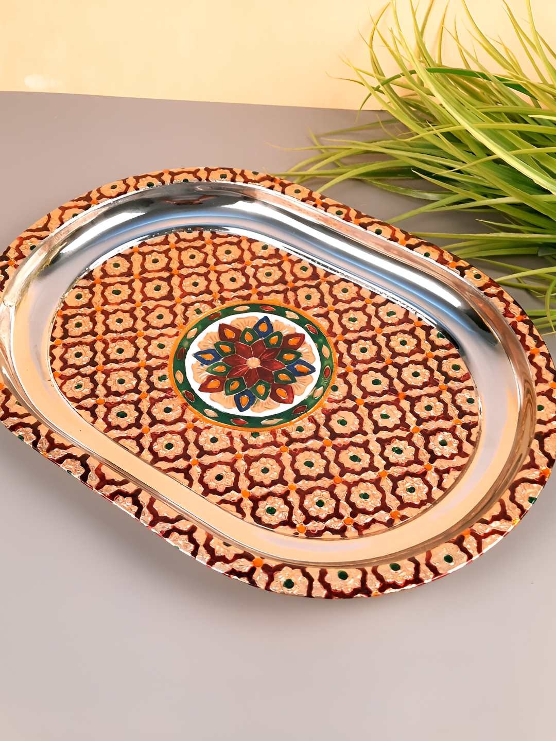 

apka mart Brown & Beige Printed Steel Serving Tray