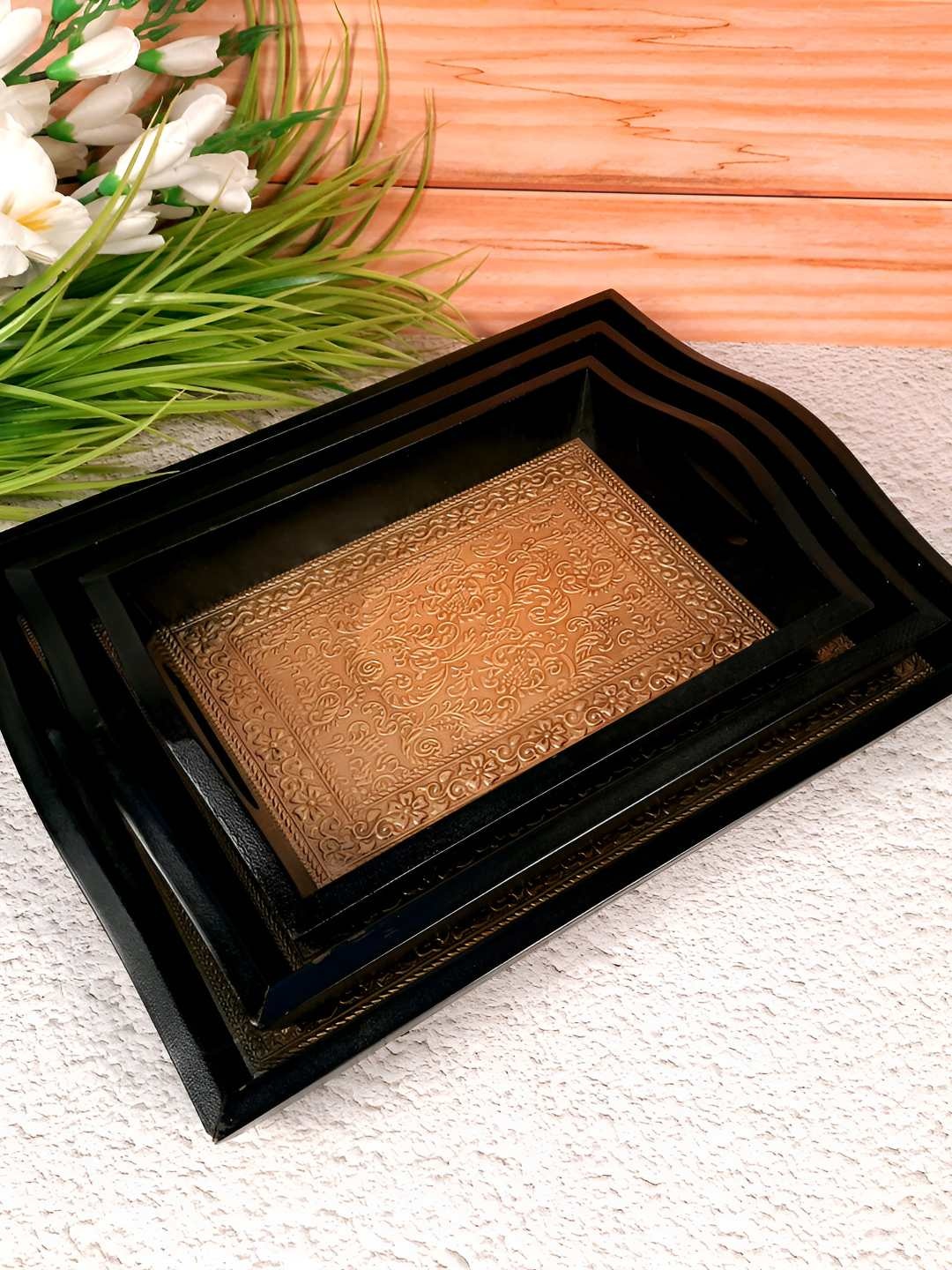 

apka mart Set Of 3 Black and Beige Wooden Serving Trays