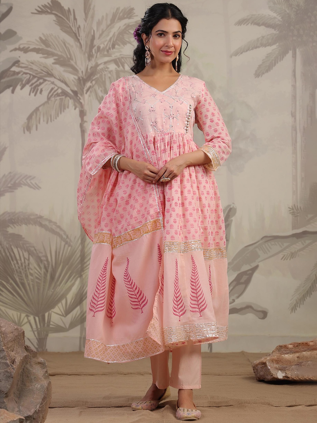 

SCAKHI Floral Printed Pure Cotton Angrakha Anarkali Kurta With Trousers & Dupatta, Peach