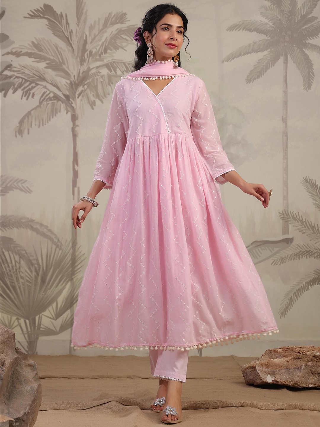 

SCAKHI Chevron Embroidered Mulmul Cotton Angrakha Anarkali Kurta With Trousers & Dupatta, Pink