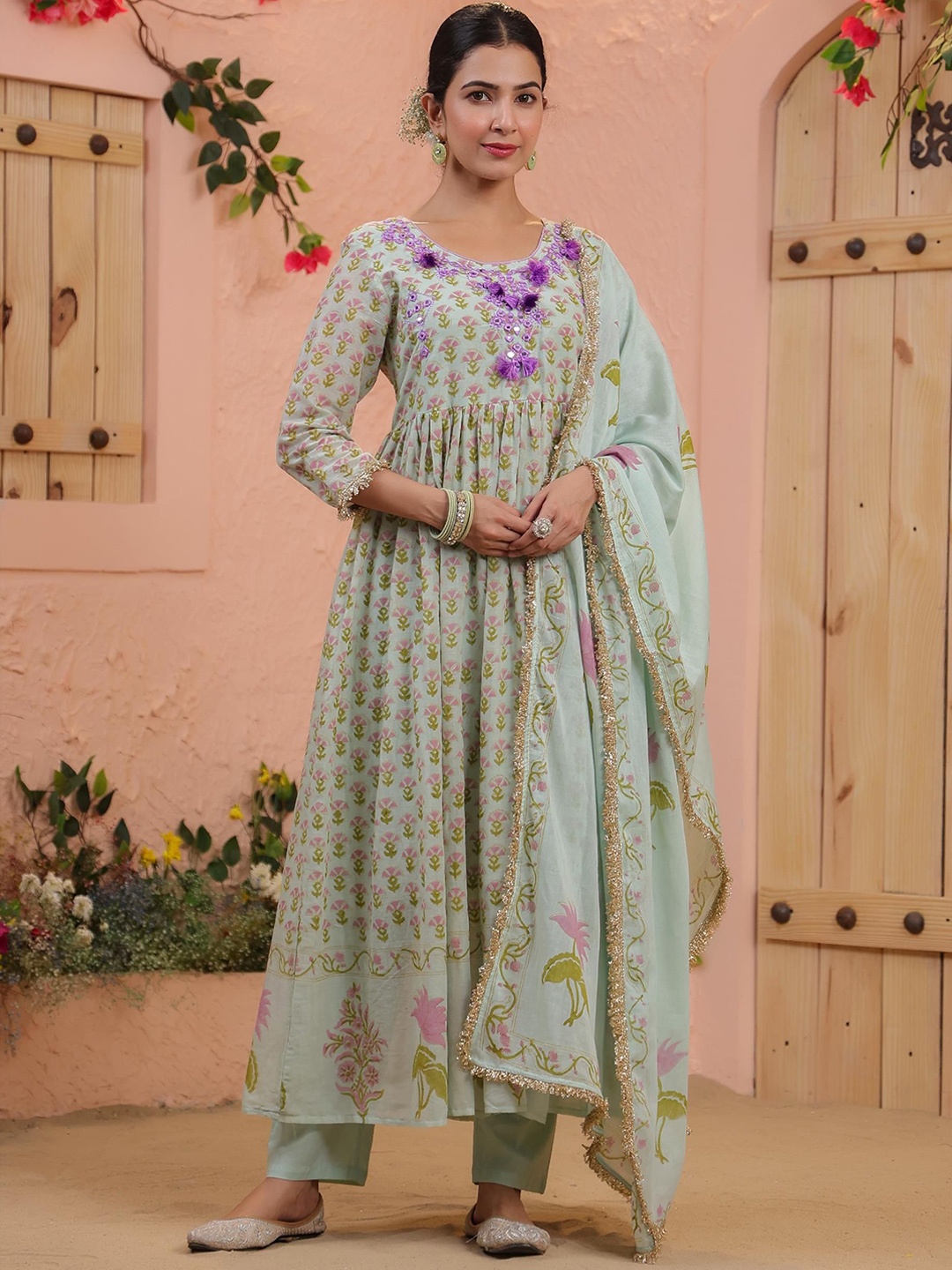 SCAKHI Printed Mirror Work Pure Cotton Empire Anarkali Kurta With Trousers & Dupatta, Green
