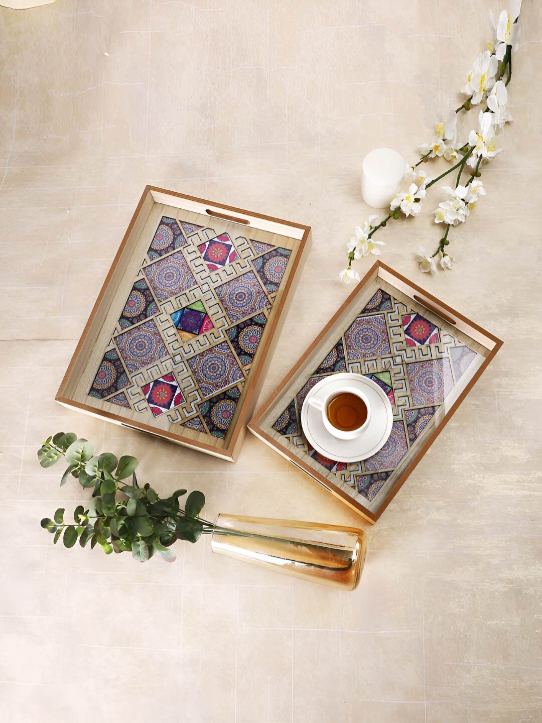 

TAYHAA 2-Pcs Blue & Beige Printed Rectangle Wooden Serving Trays