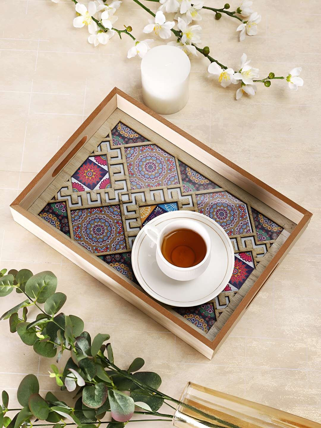 

TAYHAA Blue Textured Wooden Serving Tray, Beige