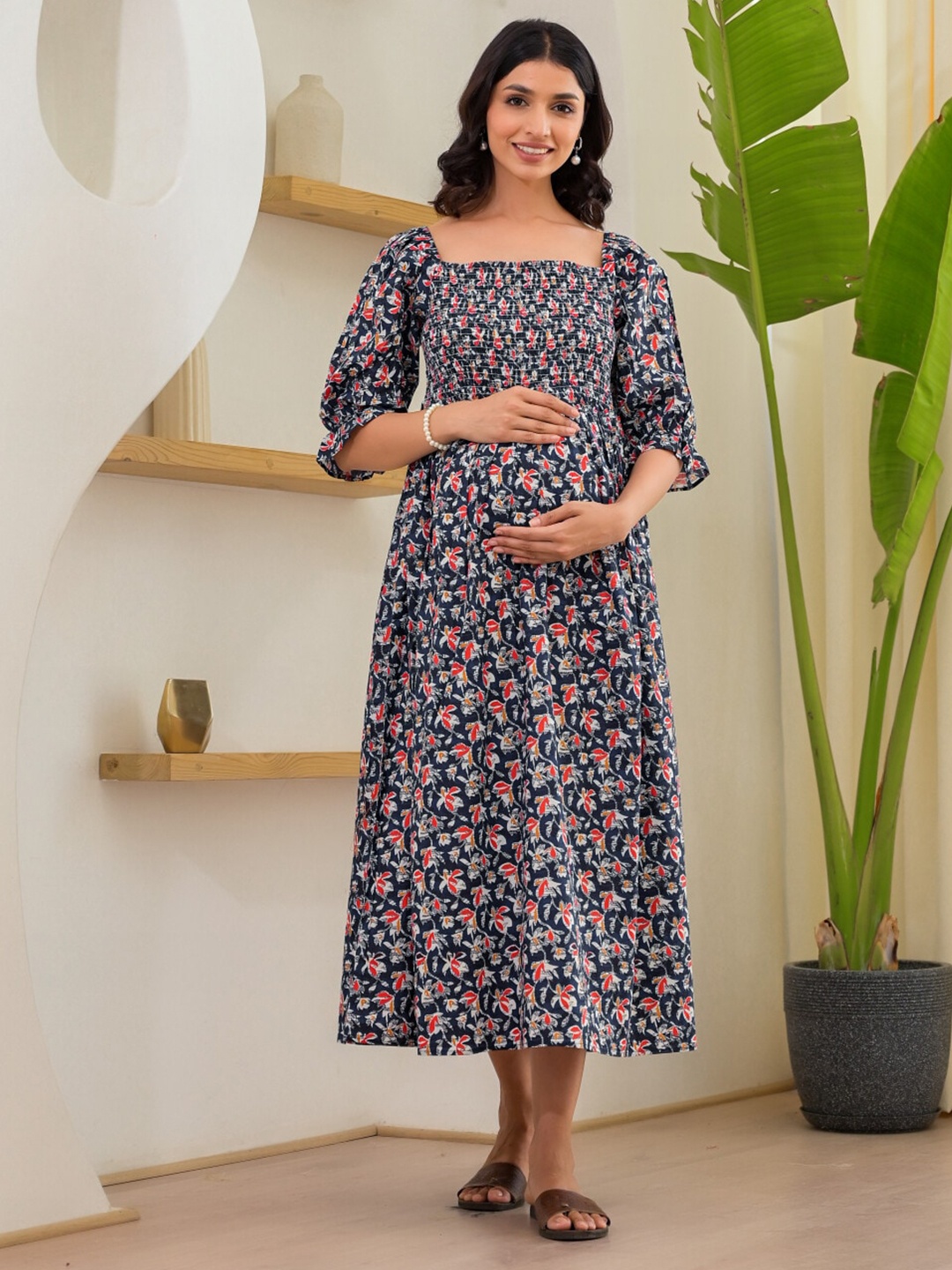 

Aujjessa Floral Printed Puff Sleeves Maternity A-Line Midi Dress, Blue