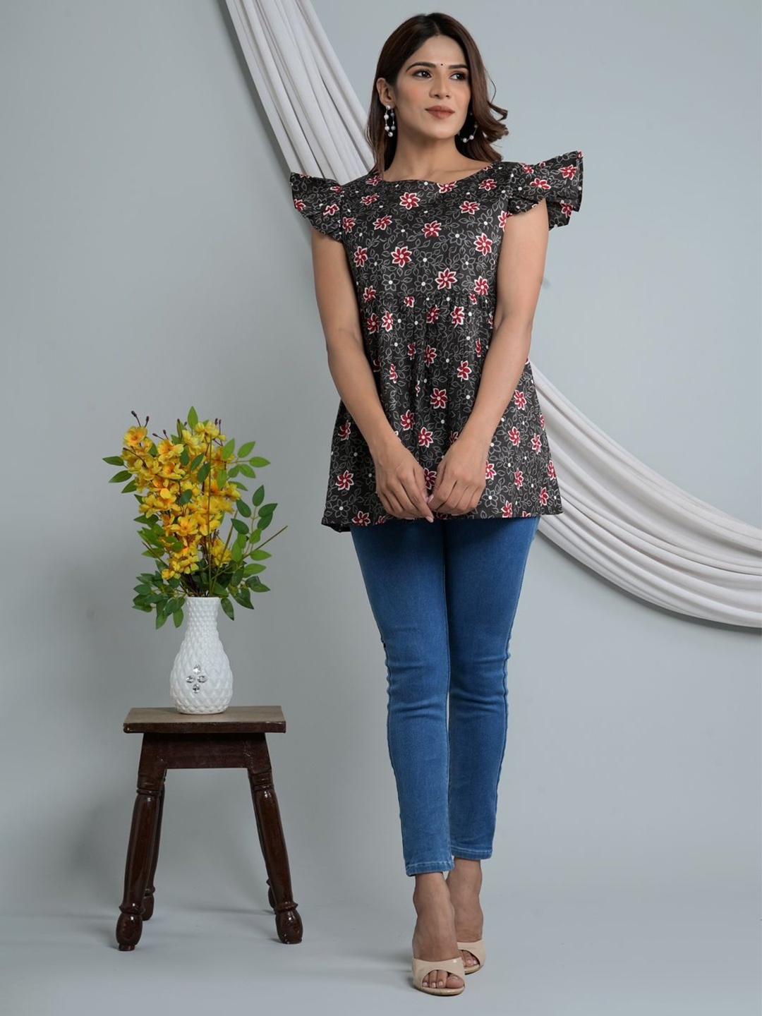 

FCV Floral Printed Flutter Sleeve Cotton A-Line Top, Grey