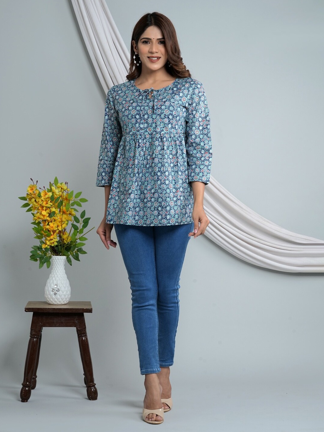 

FCV Floral Printed Tie-Up Neck A-Line Cotton Top, Blue
