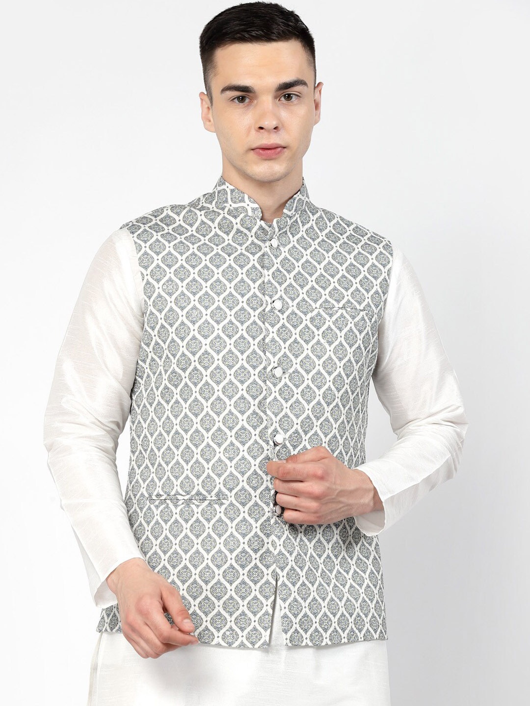 

Badoliya & Sons Ethnic Motifs Printed Mandarin Collar Nehru Jacket, White