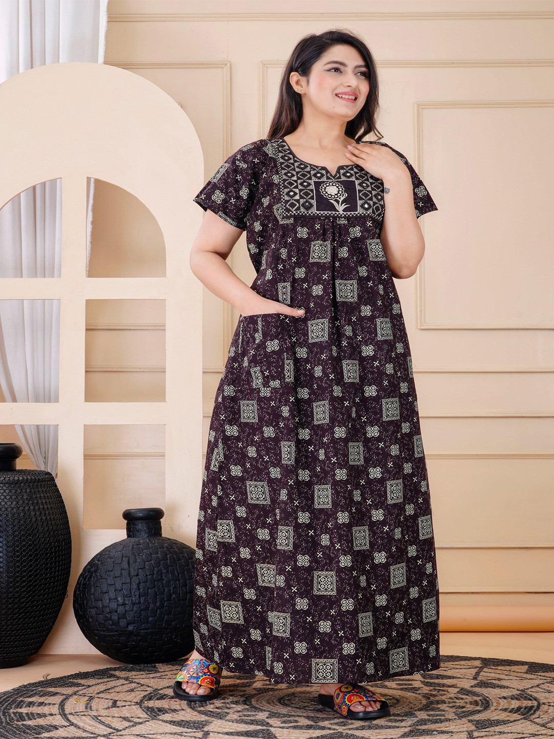 

MAYA PRINT Ethnci Printed Pure Cotton Maxi Nightdress, Purple