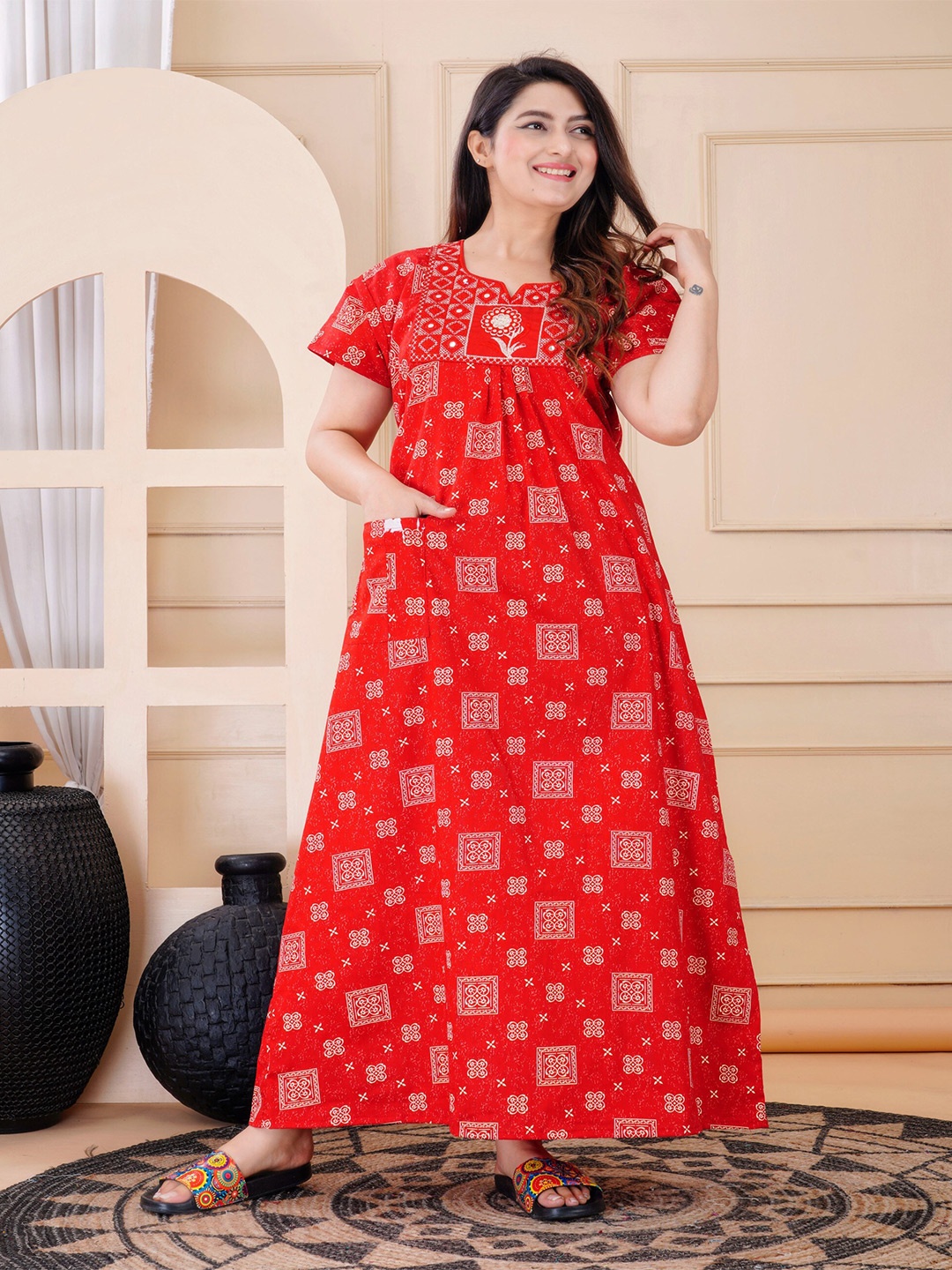 

MAYA PRINT Ethnic Printed Pure Cotton Maxi Nightdress, Red