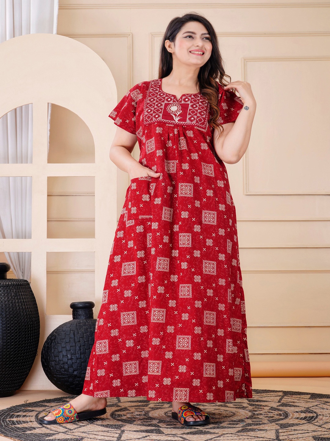 

MAYA PRINT Ethnic Printed Pure Cotton Maxi Nightdress, Maroon