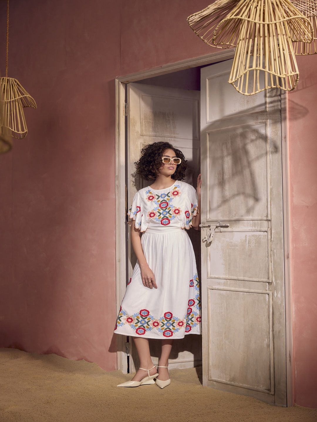 

BOHO CHIC Floral Embroidered Fit & Flare Midi Dress, White