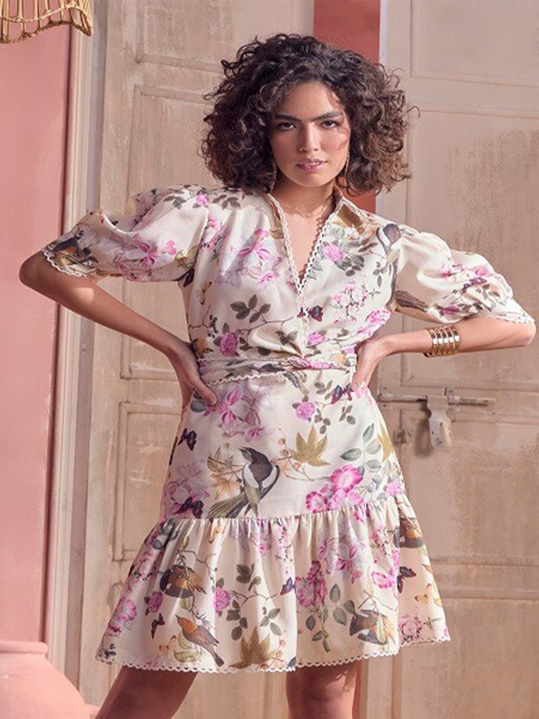 

BOHO CHIC Floral Printed Peplum Dress, Off white