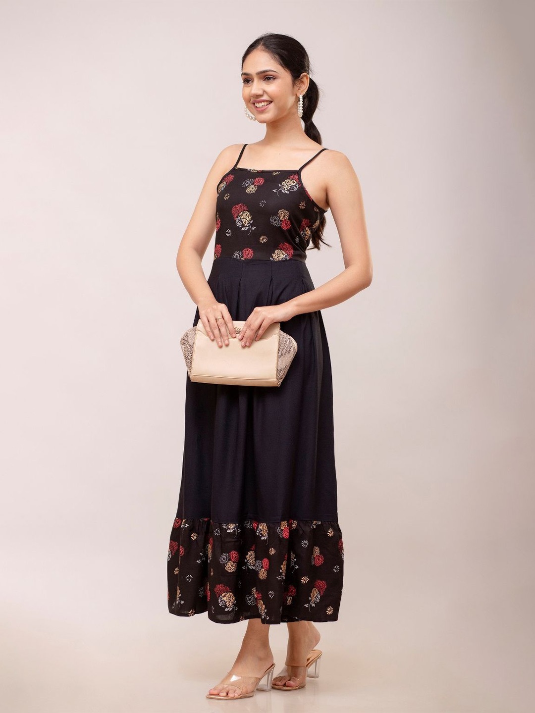 

FCV Floral Printed Shoulder Straps Fit & Flare Midi Dress, Black