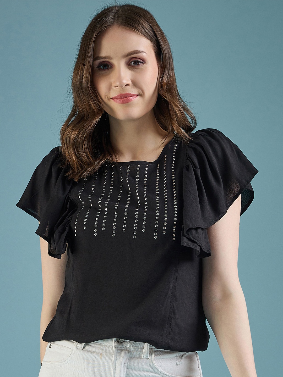 

DressBerry Flutter Sleeves Studded Square Neck Top, Black