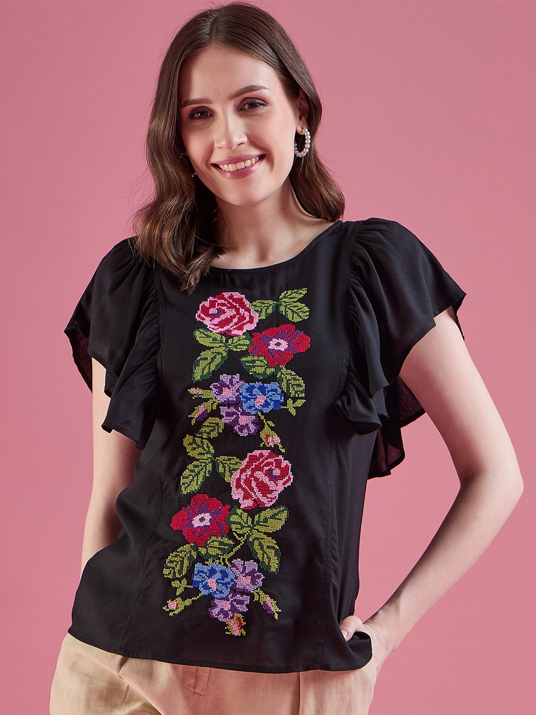 

DressBerry Floral Embroidered Flutter Sleeves Top, Black