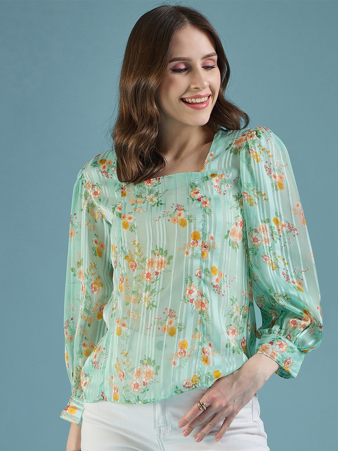 

DressBerry Green Floral Print Cuffed Sleeves Satin Regular Top