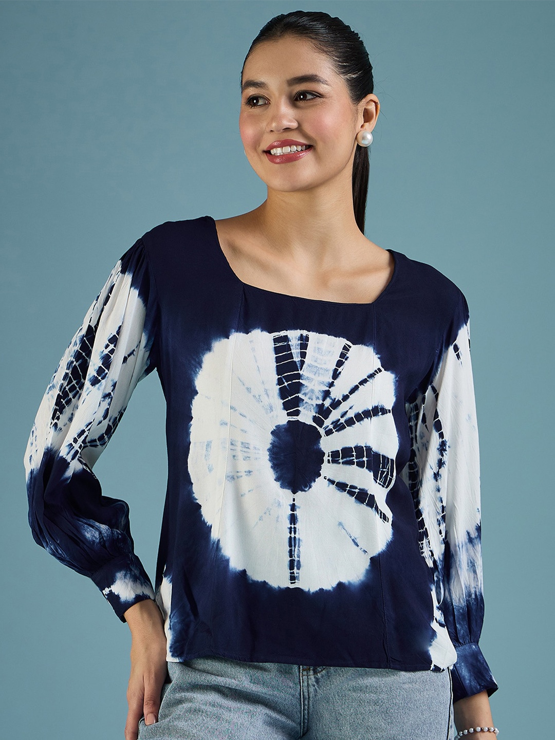 

DressBerry Blue Tie and Dye Dyed Square Neck Top, Navy blue