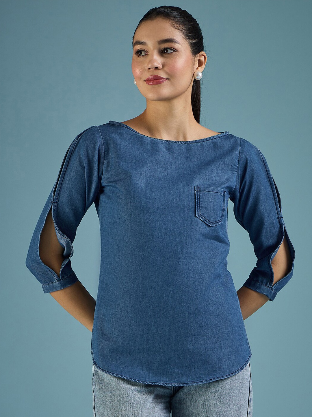 

DressBerry Blue Slit Sleeve Denim Top