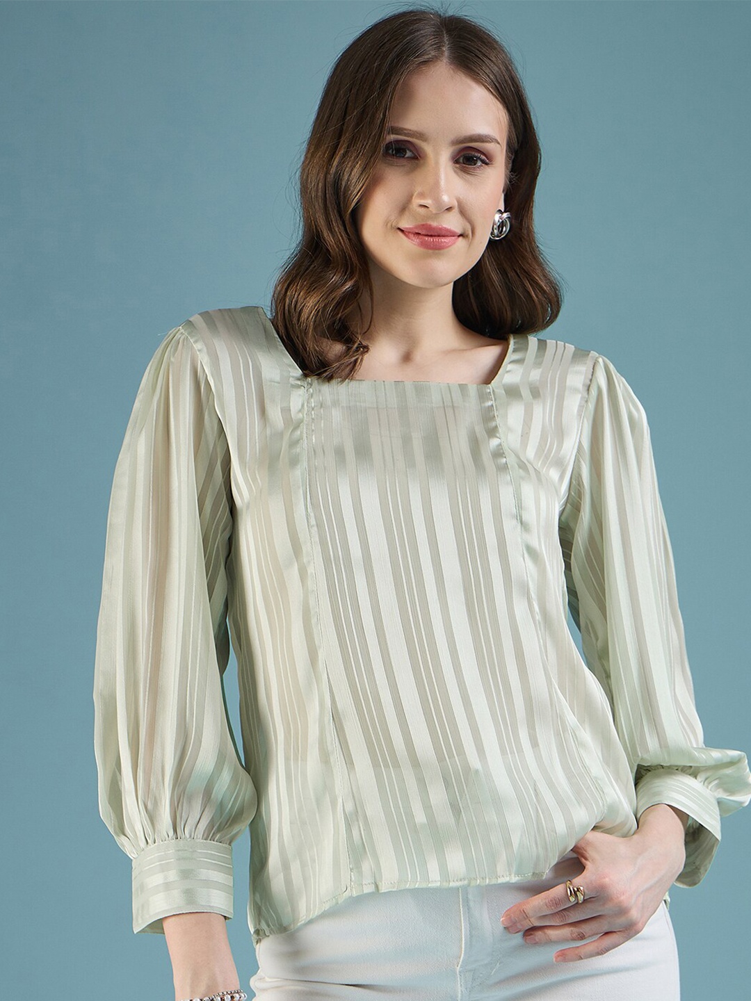 

DressBerry Vertical Stripes Square Neck Cuffed Sleeves Satin Top, Green