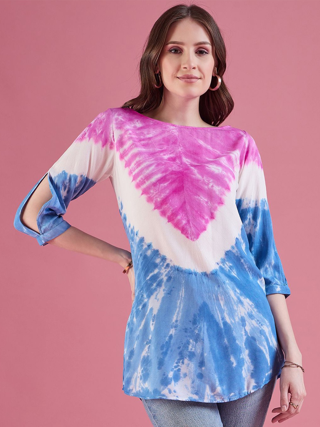 

DressBerry Tie and Dye Slit Sleeves Boat Neck Longline Top, Pink