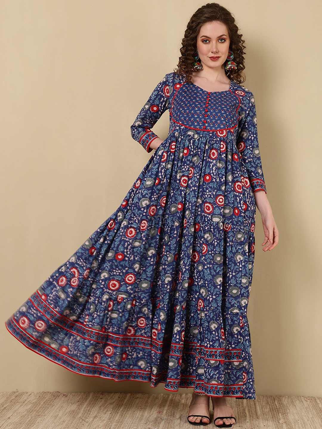

GLAM ROOTS Ethnic Motifs Printed Flared Gotta Patti Anarkali Kurta, Blue
