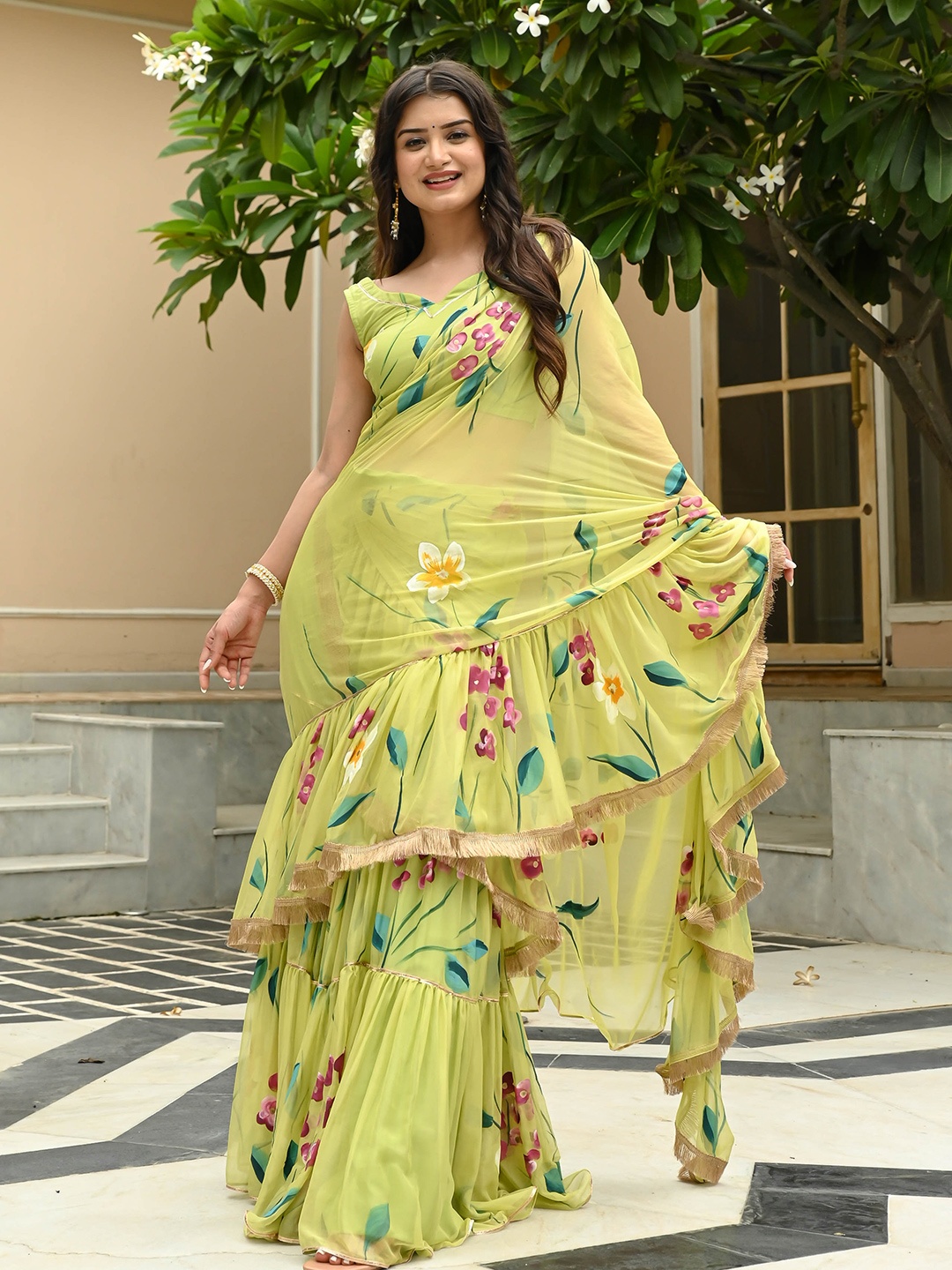

Bunaai Floral Gotta Patti Poly Chiffon Saree, Green