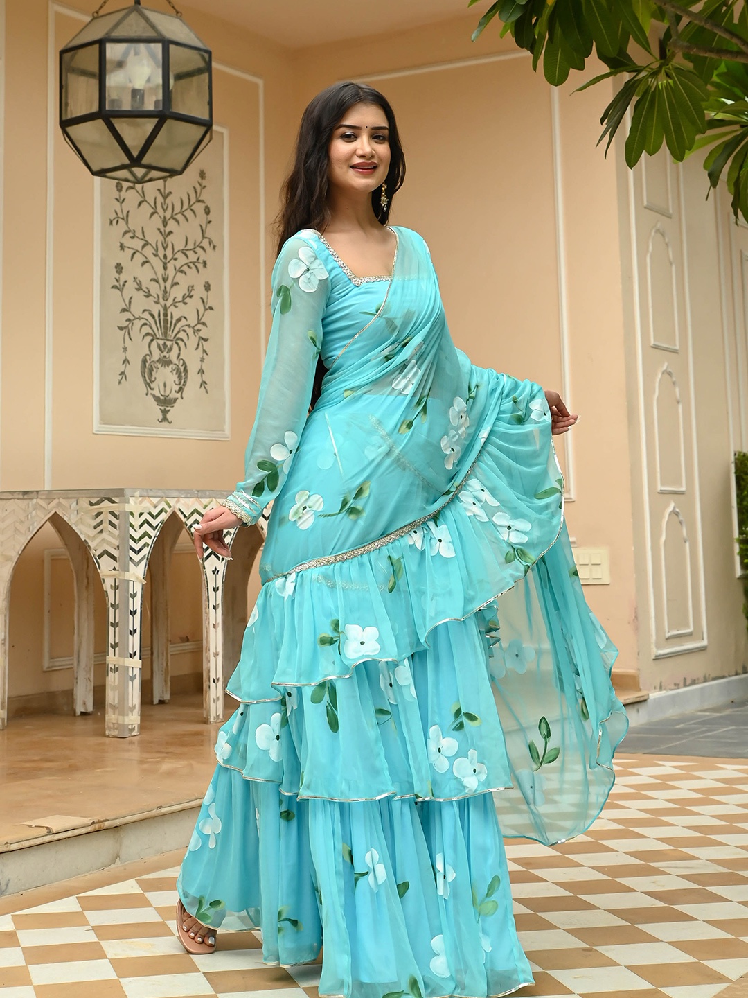 

Bunaai Floral Gotta Patti Poly Chiffon Saree, Turquoise blue