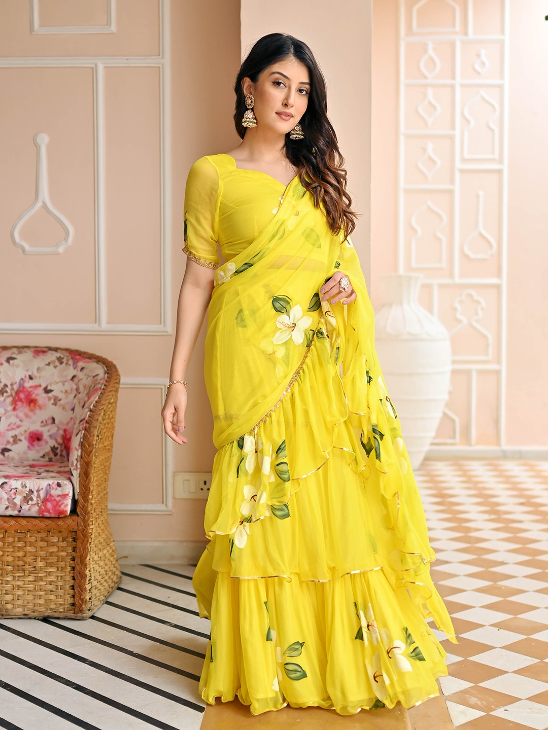 

Bunaai Floral Gotta Patti Poly Chiffon Saree, Yellow
