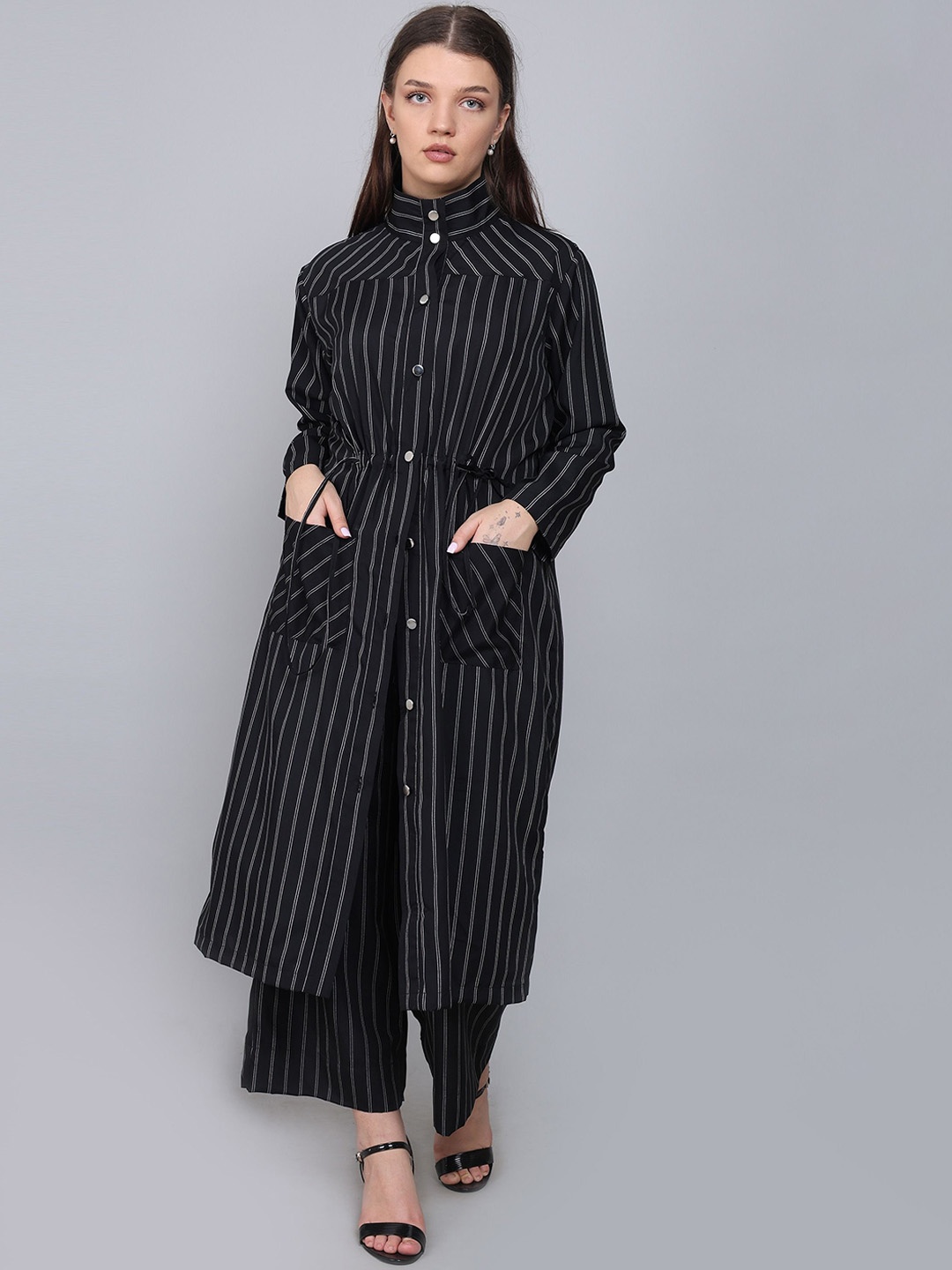 

Baawri Striped High Neck Long Sleeves Shirt & Palazzos Co-Ords, Black