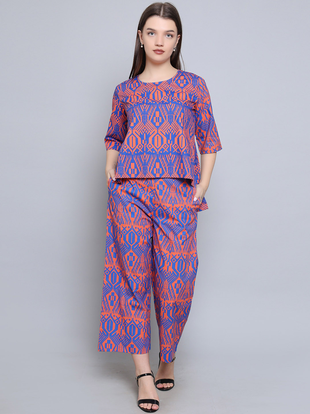 

Baawri Printed Pure Cotton Round Neck Top & Trousers Co-Ords, Peach
