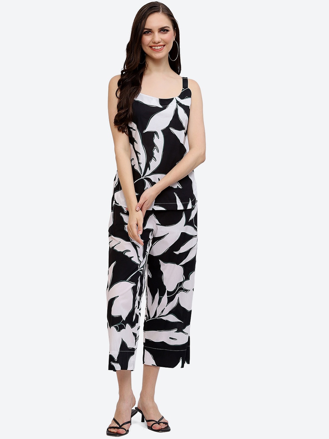 

Baawri Tropical Printed Pure Cotton Shoulder Straps Top & Trousers Co-Ords, Black