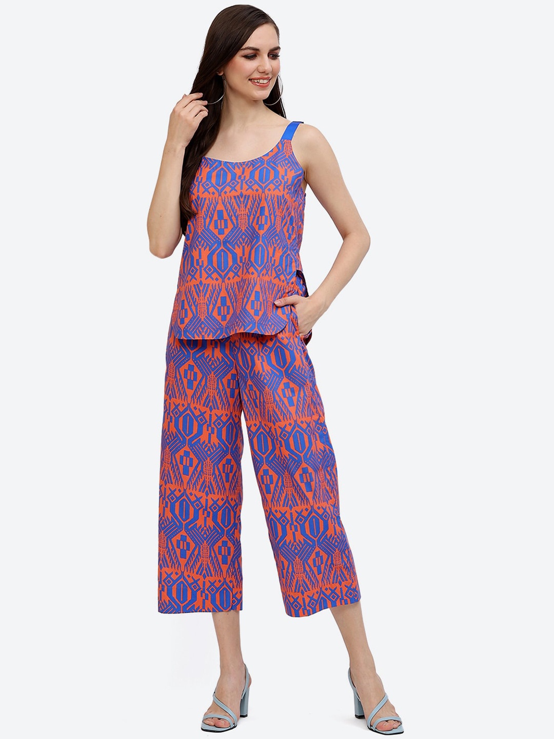 

Baawri Printed Pure Cotton Shoulder Straps Top & Trousers Co-Ords, Peach