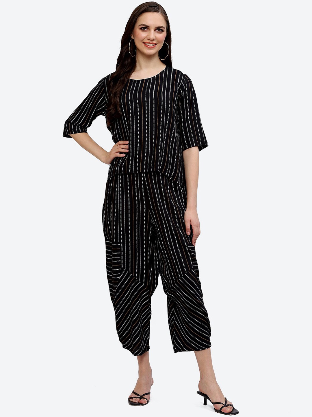 

Baawri Striped Printed Round Neck Top & Trousers Co-Ords, Black