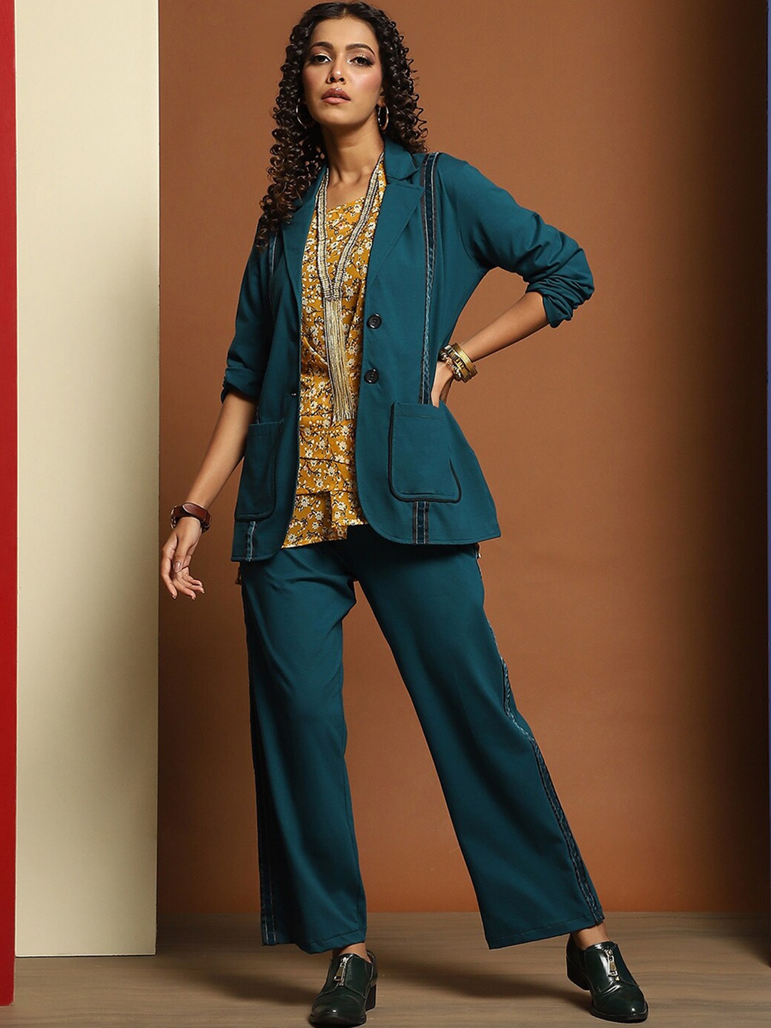 

Baawri Lapel Collar Long Sleeves Casual Coat & Trousers, Teal