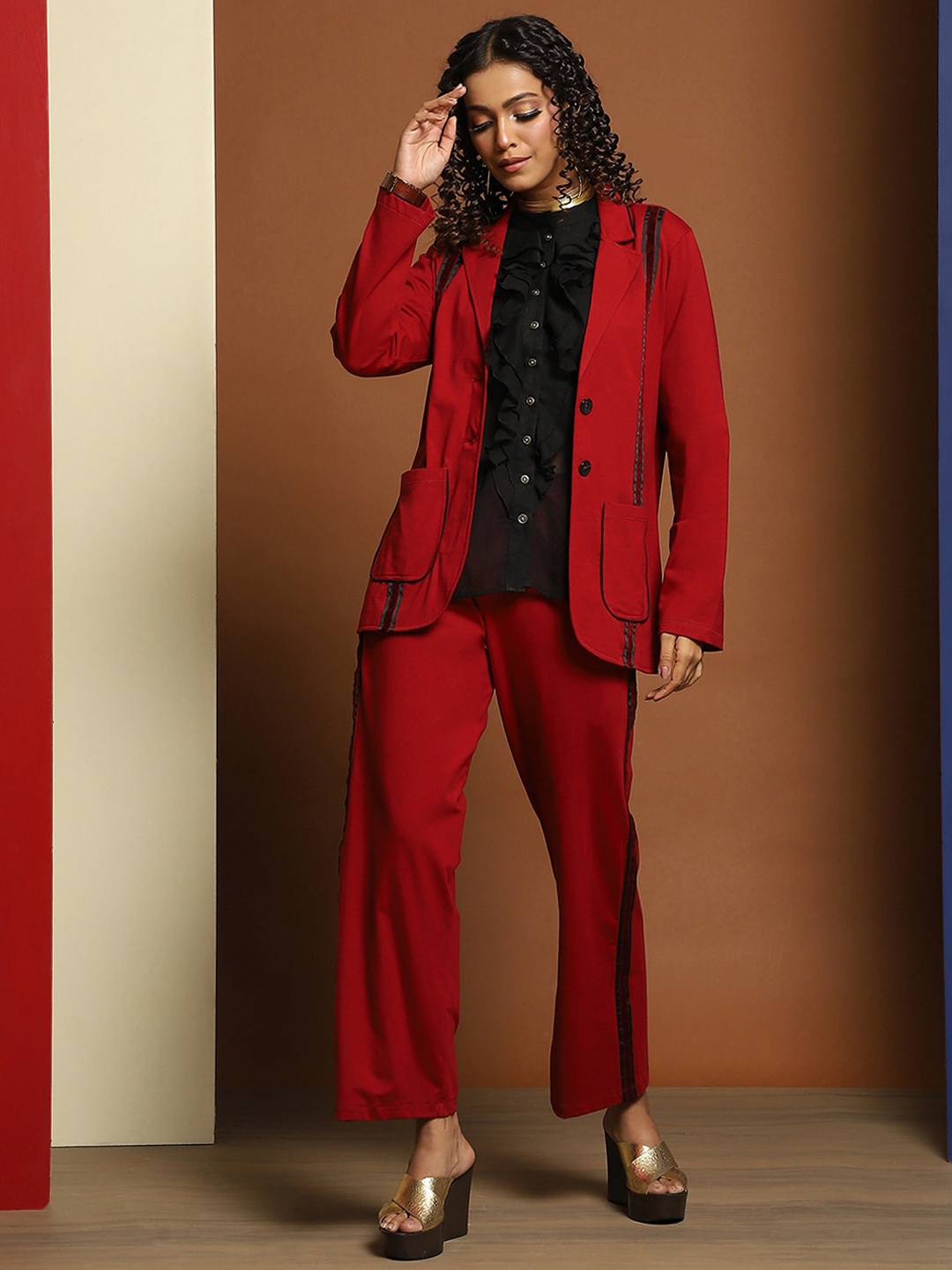 

Baawri Lapel Neck Long Sleeves Jacket & Trousers Co-Ords, Red