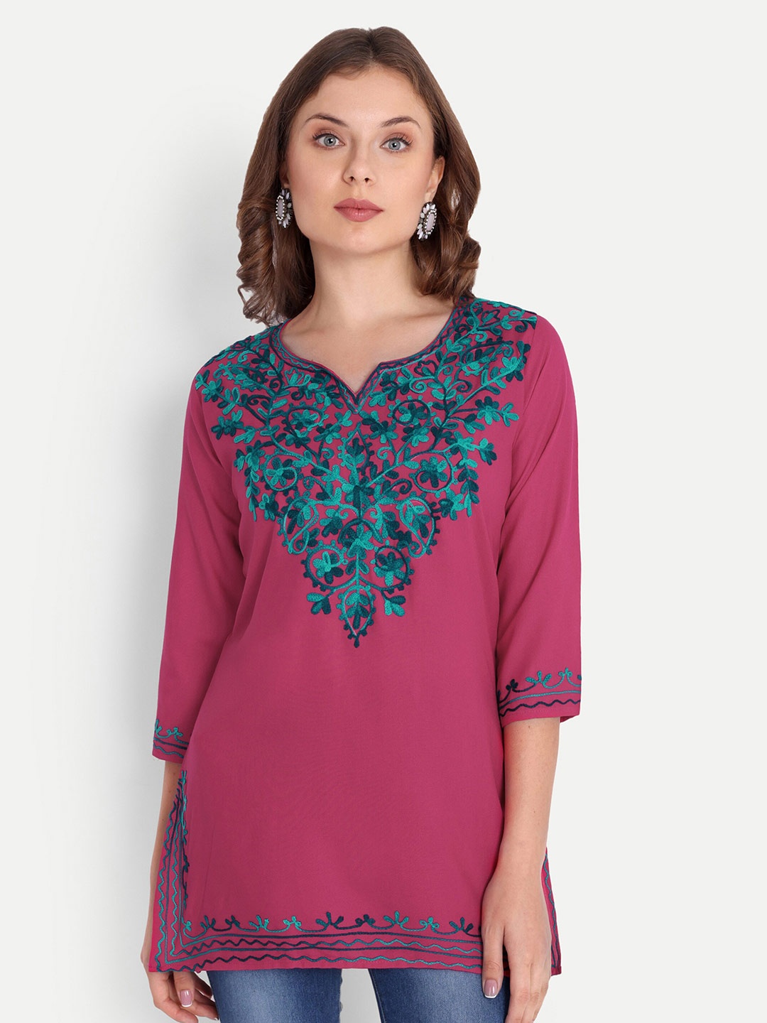 

FNOCKS Embroidered V-Neck Organic Cotton Kurti, Pink