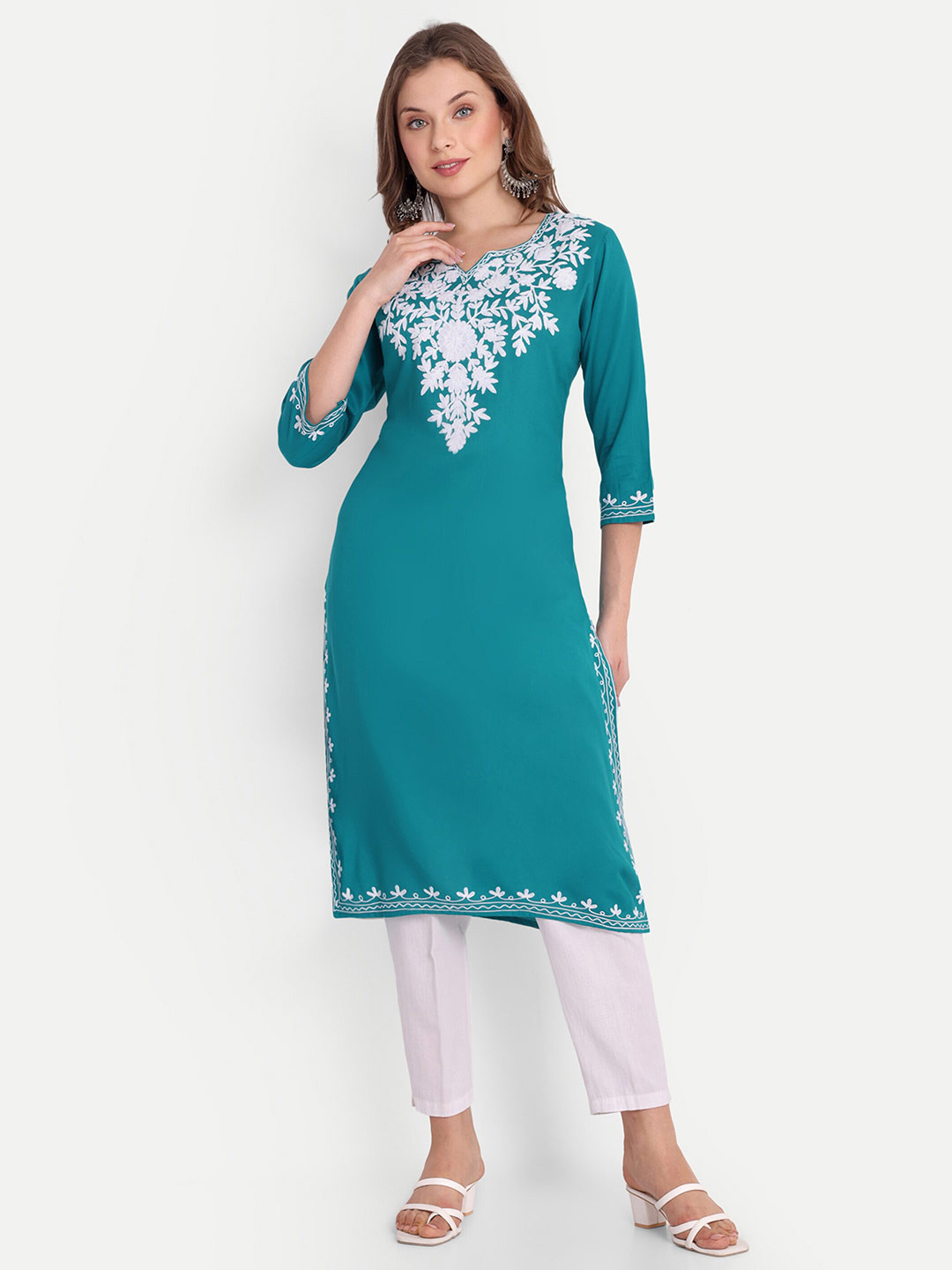

FNOCKS Floral Embroidered Cotton Straight Kurta, Blue