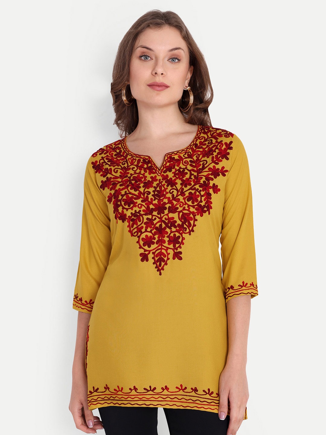 

FNOCKS Ethnic Motifs Embroidered V-Neck Organic Cotton Kurti, Yellow