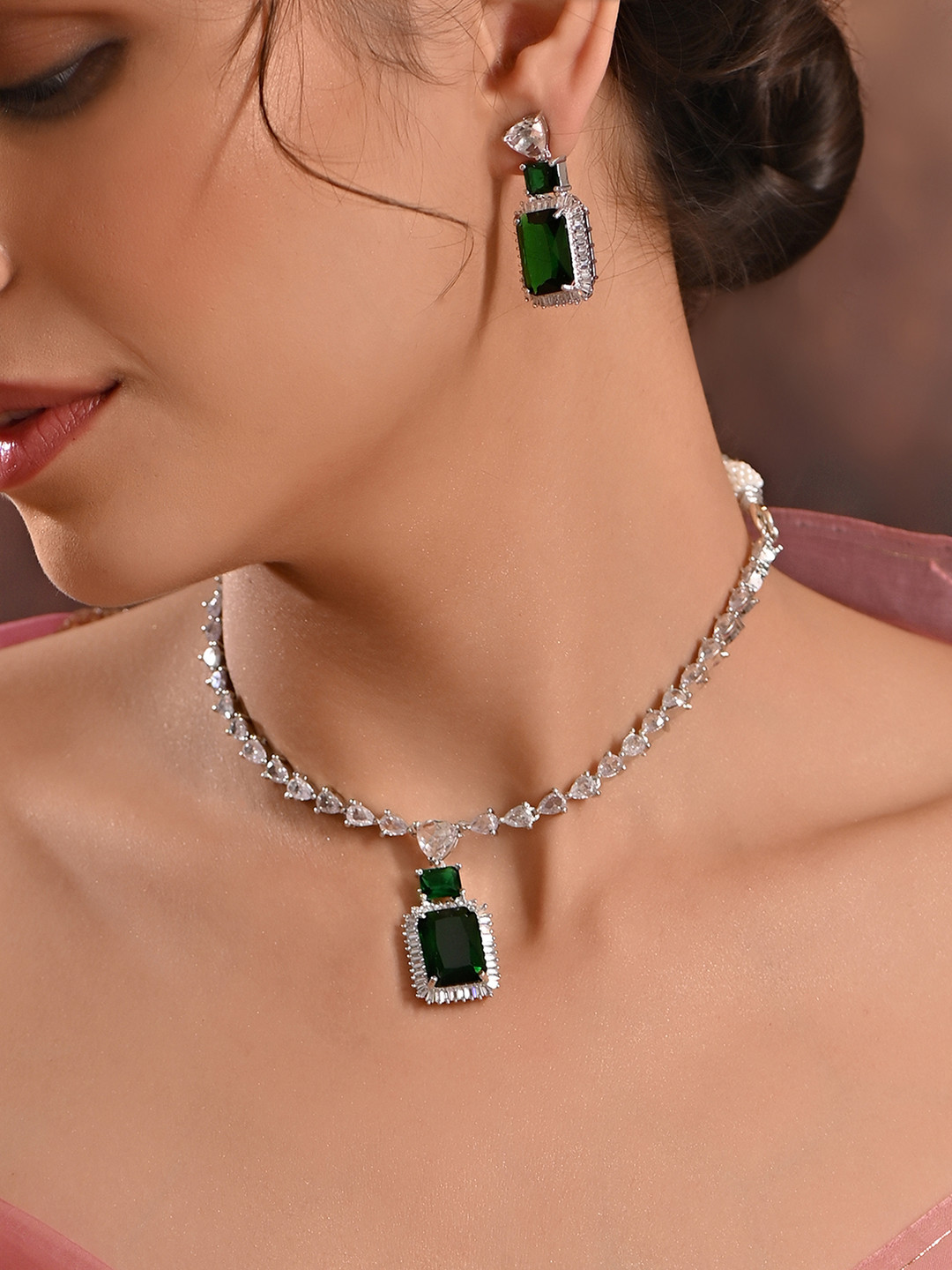 

Fida Silver Plated American Diamond Studded Necklace And Earrings
