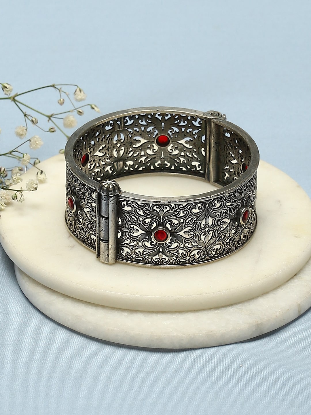 

Biba Silver-Plated Stones Studded Oxidised Bangle