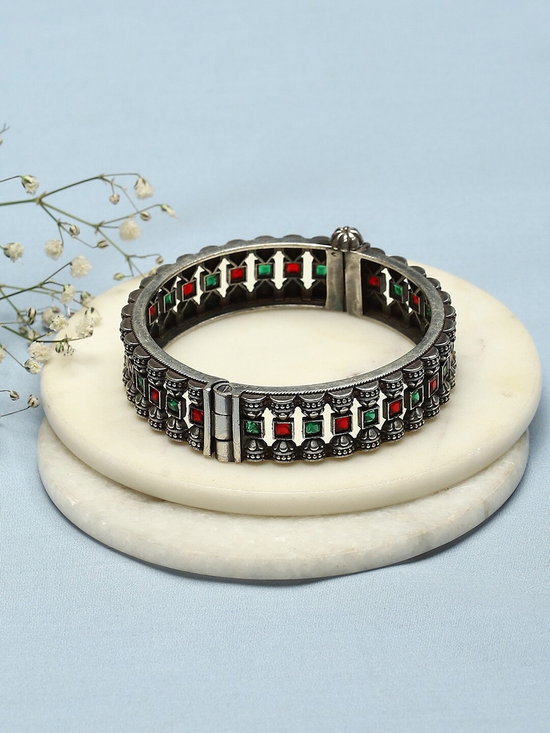 

Biba Silver-Plated Stones Studded Oxidised Bangle