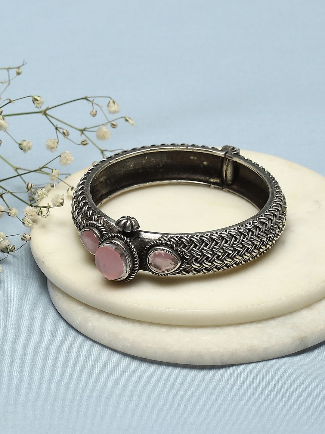 

Biba Silver Plated Stones Studded Oxidised Bangle