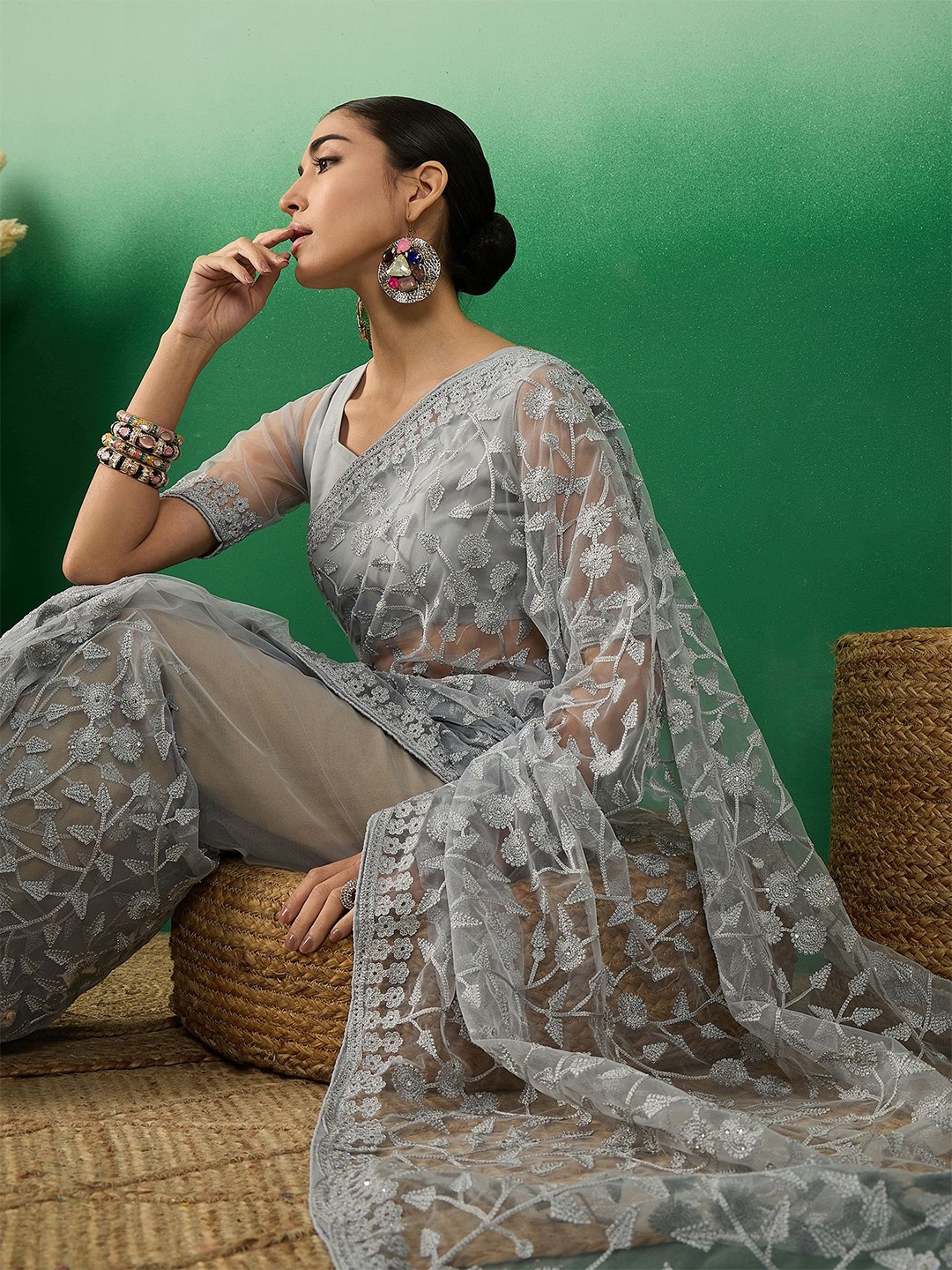 

Sangria Embroidered Festive Net Saree, Grey