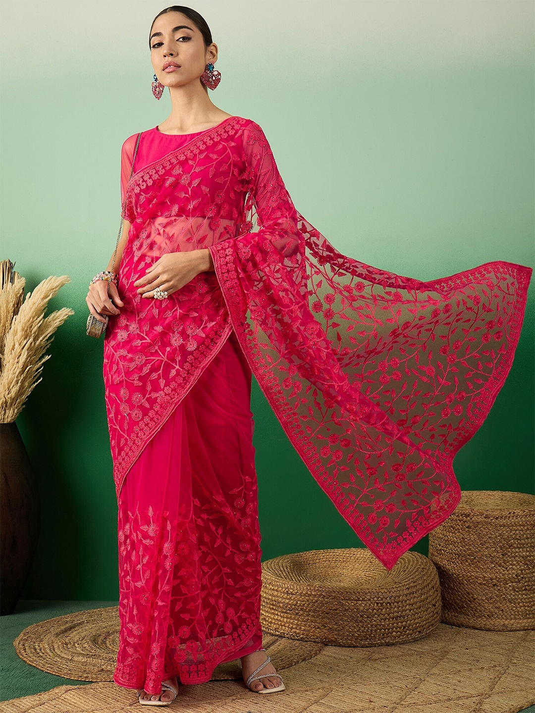 

Sangria Embroidered Saree With Blouse Piece, Pink