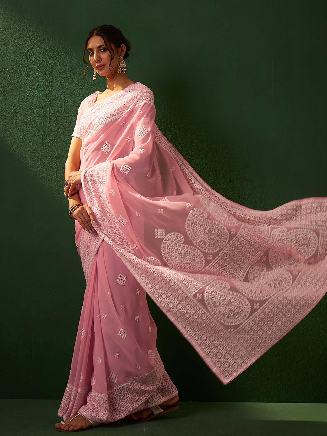 Sangria Embroidered Saree With Blouse, Pink