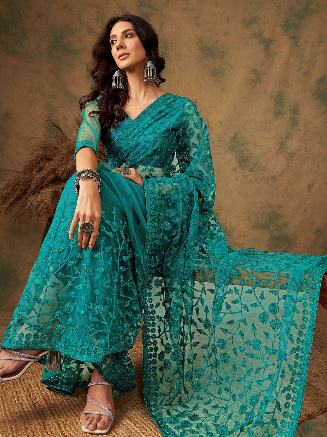 

Sangria Embroidered Saree With Blouse Piece, Teal