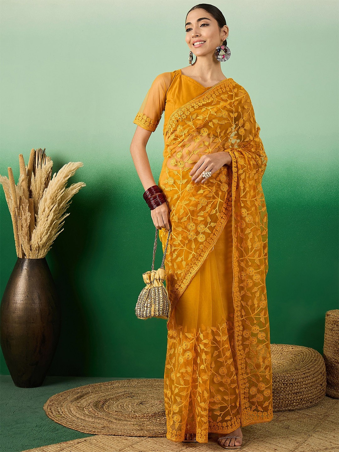 

Sangria Embroidered Net Saree With Blouse Piece, Mustard