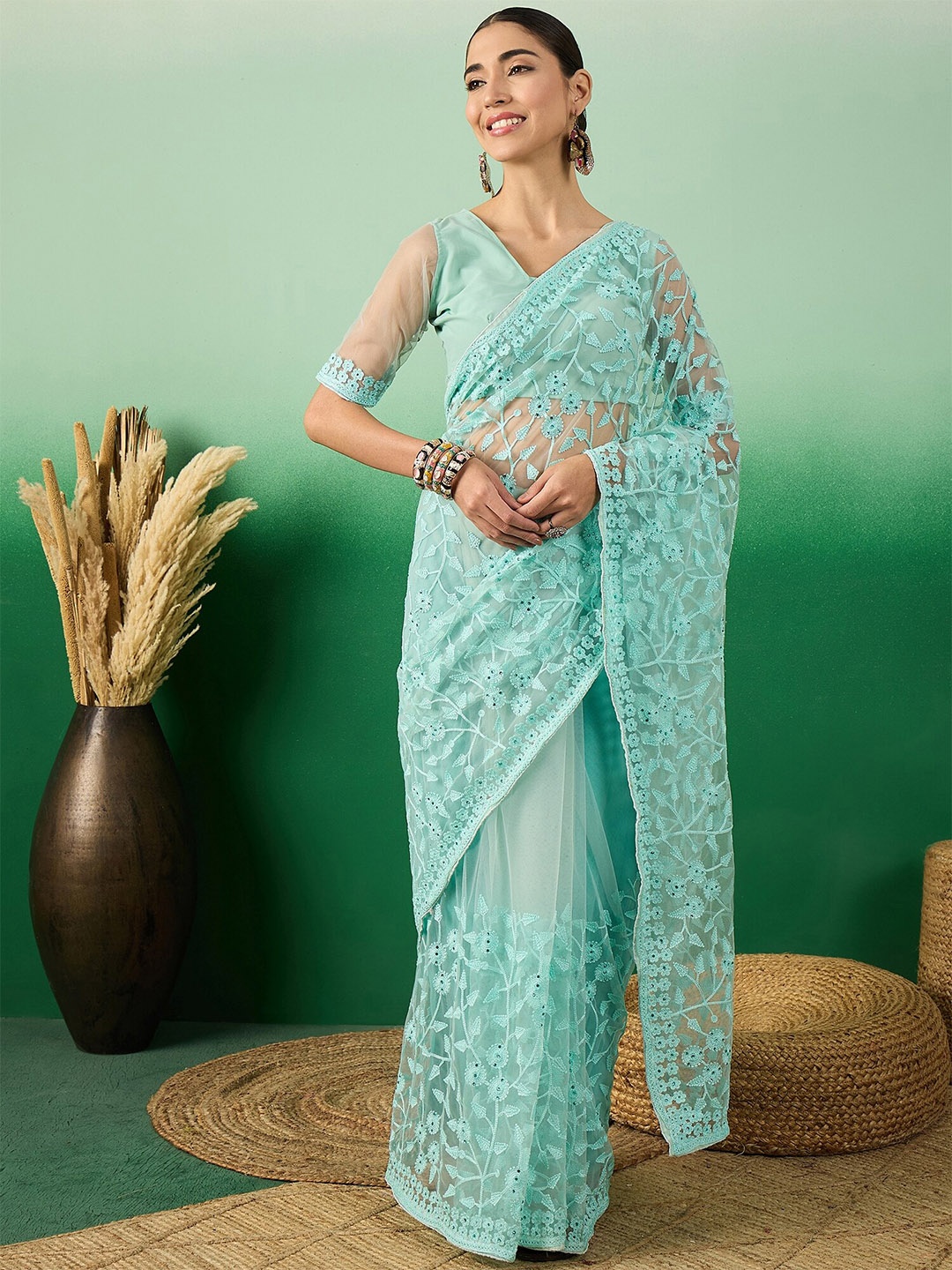 

Sangria Embroidered Saree With Blouse Piece, Sea green